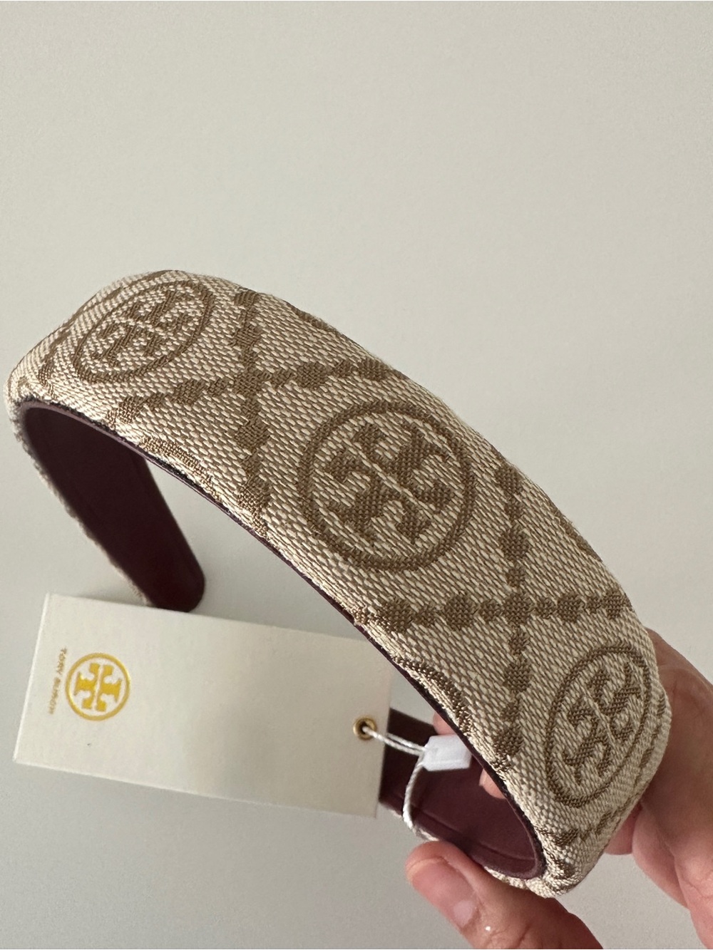 Tory Burch Beige Woven Headband with Burgundy Lining